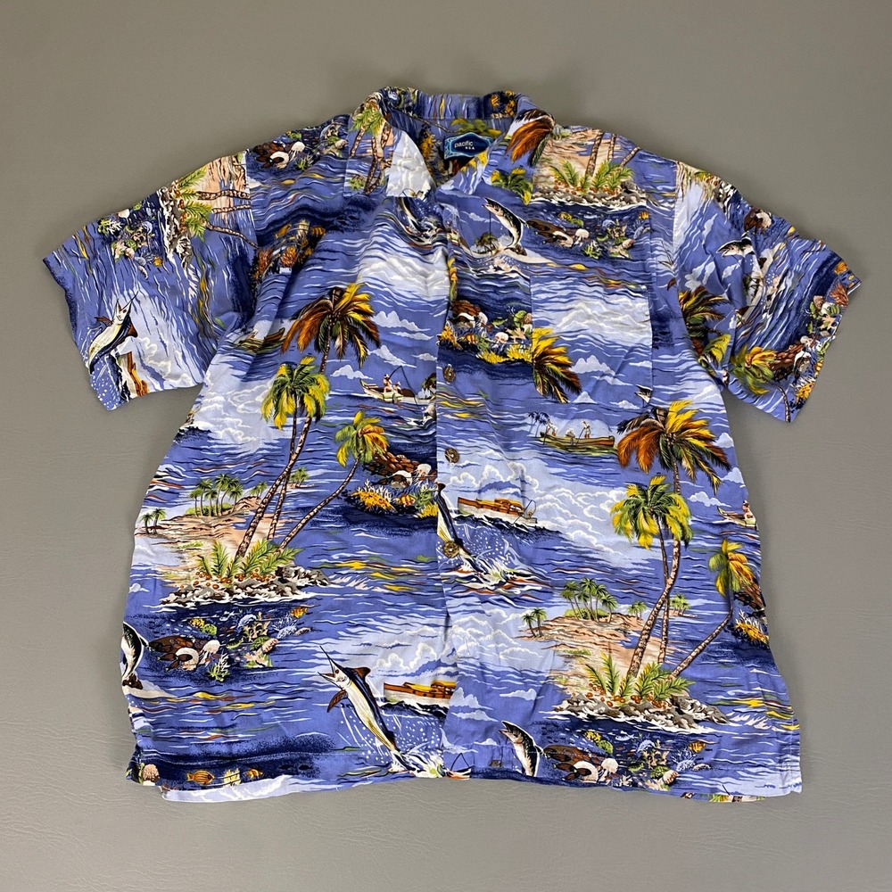 Pacific Blue Hawaiian Shirt Men's Size Large USA‎ Rayon Palm Trees Marlin *